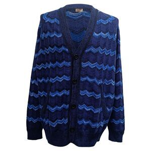 Missoni Intarsia Knitted Buttoned Cardigan in Blue Cotton